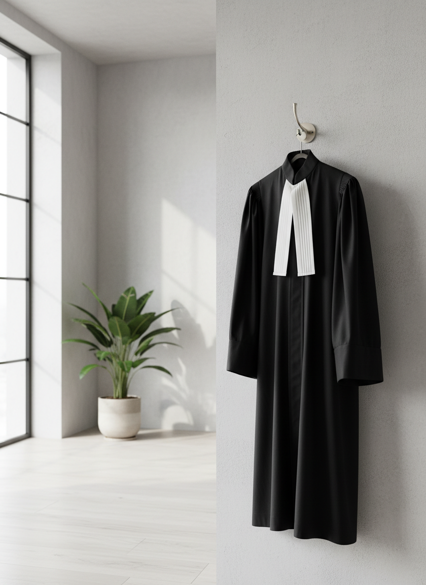 A modern, minimalist photo of a black advocate's robe (toga) with white bef (white bands/jabot) casually hanging on a sleek coat hook in a bright, airy environment with natural light. Light walls, contemporary interior, nonchalant and stylish feel. No people. Photorealistic.